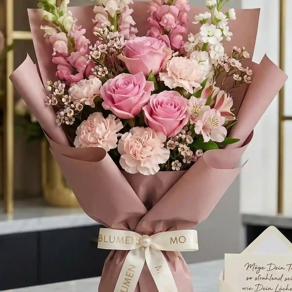 Romantischer rosa Blumenstrauß von MO BLUMEN mit Rosen und Nelken, in rosa Papier gewickelt, weißer Schleife mit BLUMEN MO-Schriftzug und Perle.